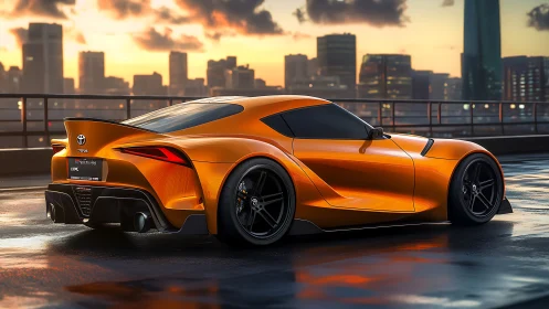 Orange Toyota sports coupe on rooftop at city sunset.