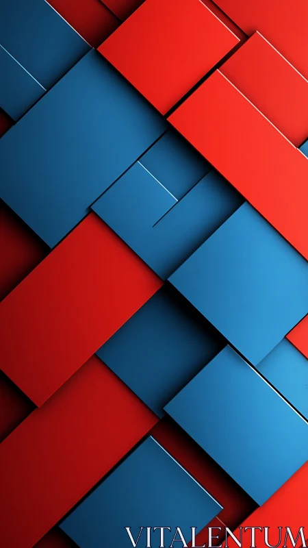 Interlocking red and blue panels form bold geometric grid