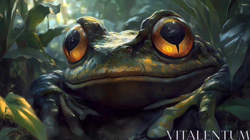 Emerald jungle frog with lantern eyes in moody misty light.