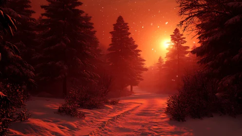 Red winter forest path under glowing sunset sky.