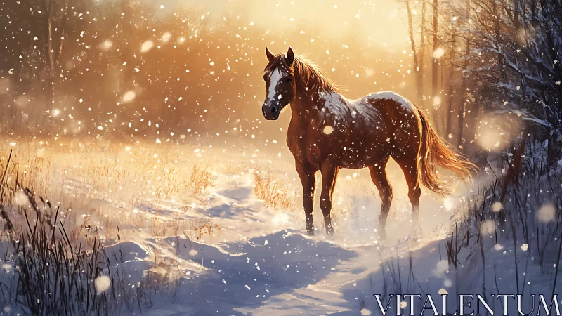 Horse standing in snowy field at warm winter sunset.