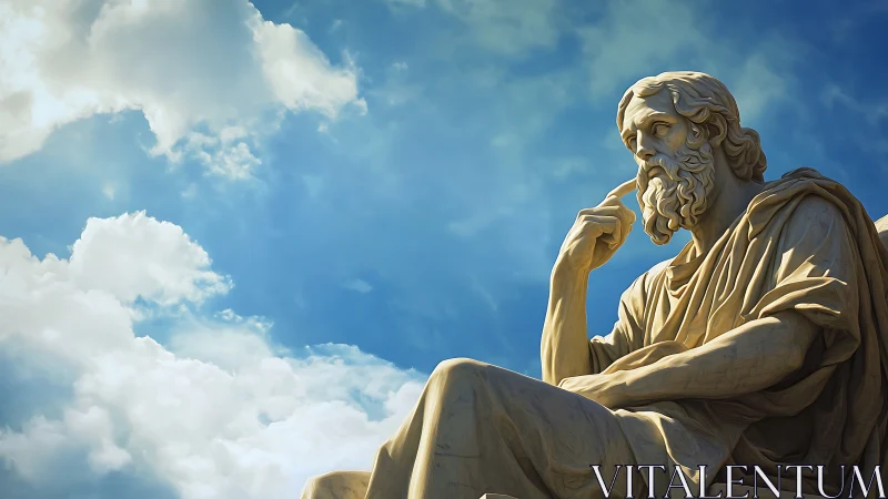 Stone philosopher statue sits beneath a partly cloudy sky