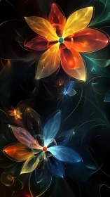 Glowing rainbow blossoms drifting gently through the dark.