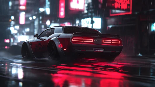 Rear view of sports car on wet neon city street at night.