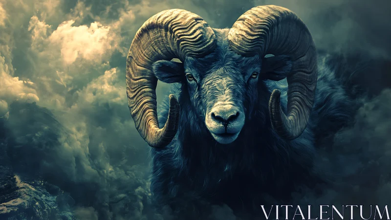 Dramatic ram portrait rendered in moody, high-contrast lighting