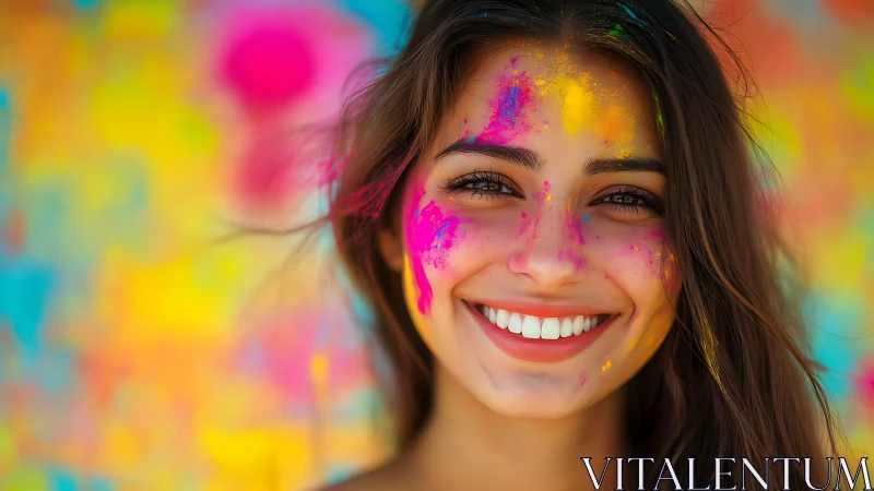 Color-splashed smile in a festival storm of bright joy.