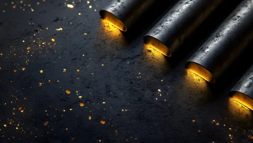 Industrial metallic pipes with golden glow on textured surface.