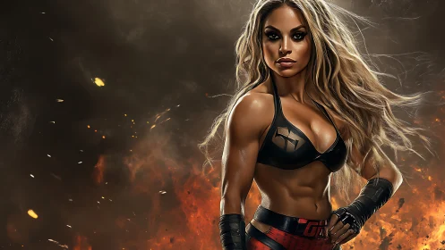 Fierce female fighter dominates blazing inferno backdrop.