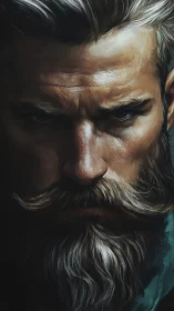Close facial portrait shows detailed beard and intense gaze