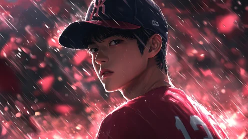 Young baseball player in glowing red rainlight moment.