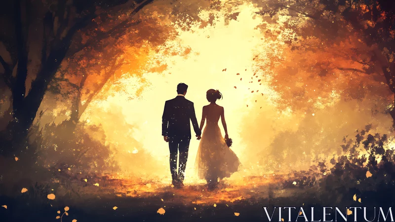 Silhouetted couple walks into radiant autumn woodland light