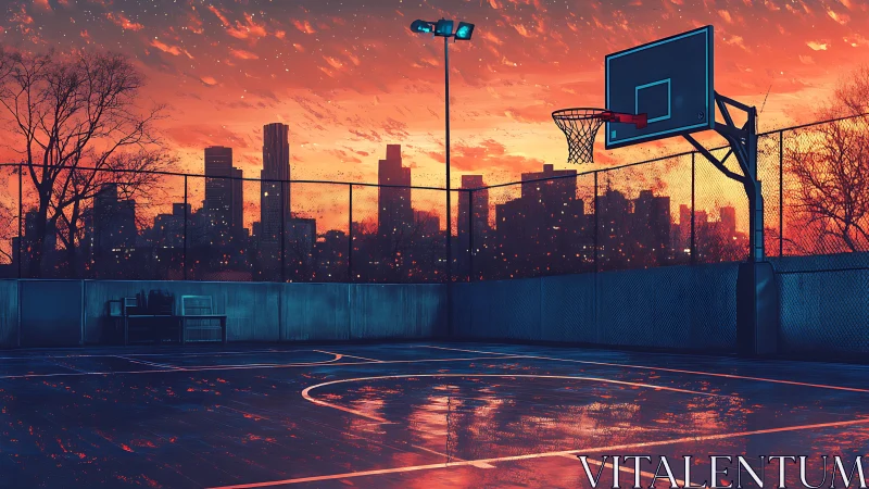 Sunset city basketball court glows after a fresh rainfall