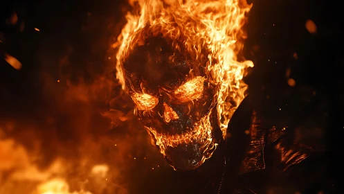 Flaming skull portrait with high contrast lighting and molten detail