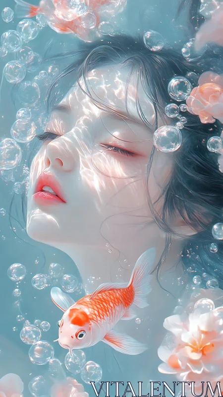 Softly dreaming underwater with koi and floating blossoms