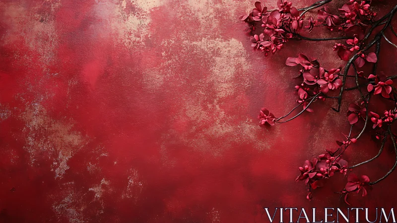 Velvety red blossoms resting on a richly textured wall.