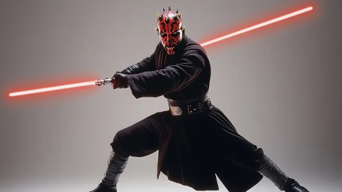 Sith warrior in combat stance with dual red plasma staff