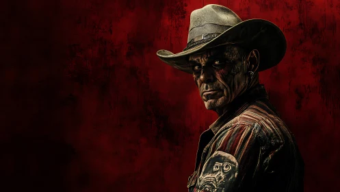 Grim cowboy portrait against blood red textured void.