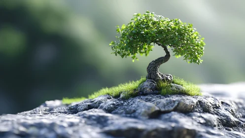 Tiny bonsai tree grows on sunlit rocky outcrop above valley