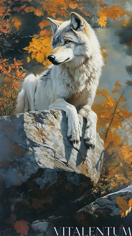 Autumn sentinel wolf lounging on sunlit mountain stone.
