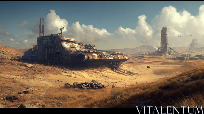 Sunlit desert scrapyard embracing a forgotten starship.