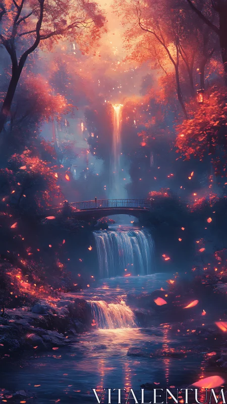 Enchanted bridge overlooks glowing waterfalls at twilight.