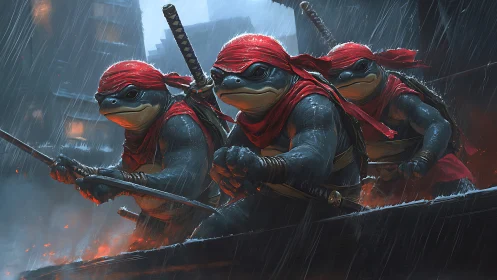Rain-soaked turtle ninjas charging through the neon night.