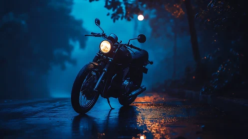 Cinematic motorcycle portrait on misty blue night roadway.