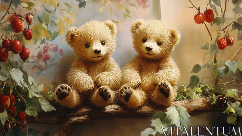 Two plush teddy bears seated on branch amid fruit trees.