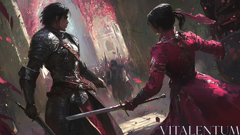 Armored knight faces red-clad duelist amid falling petals
