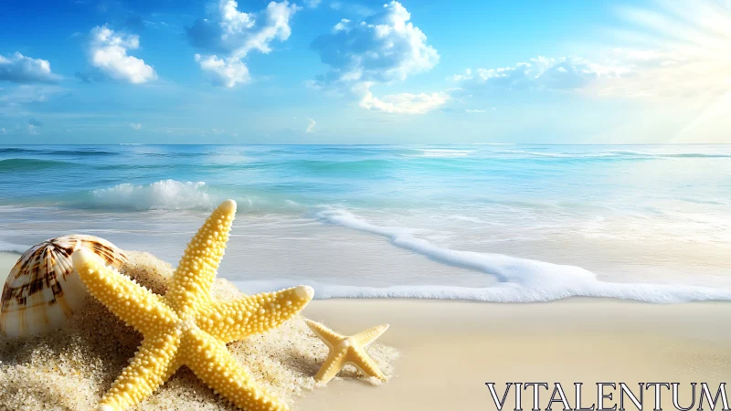 Sunlit starfish rest gently on a calm turquoise shoreline