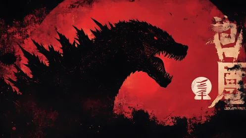 Godzilla silhouette against distressed red sun backdrop.