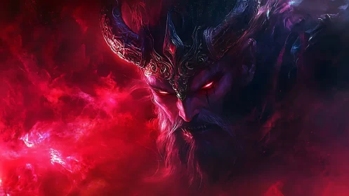 Crimson horned warlord drifting through swirling starlit smoke.