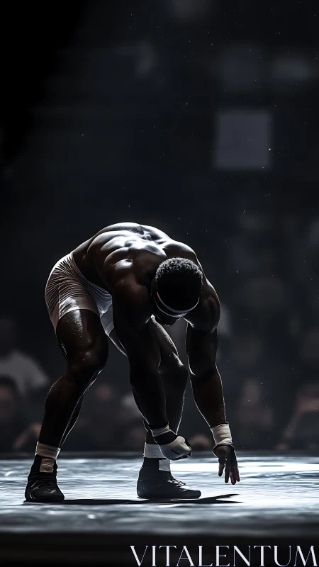 Wrestler assumes low stance under directional arena lighting