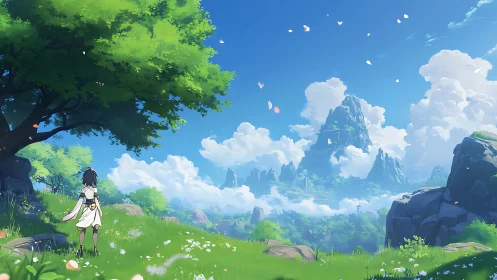 Young traveler faces distant mountains in bright valley.