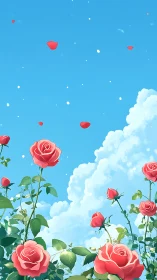 Roses reach toward a clear blue sky as petals drift softly.