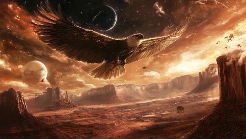 Giant eagle over red alien canyon under ringed planets.