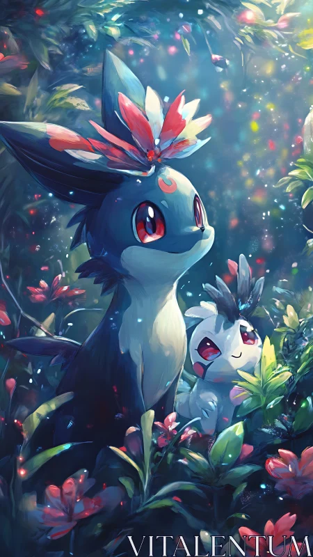 Fantasy forest creatures among glowing flowers at night.