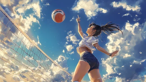 Dynamic jump serve in sunlit outdoor volleyball court sky