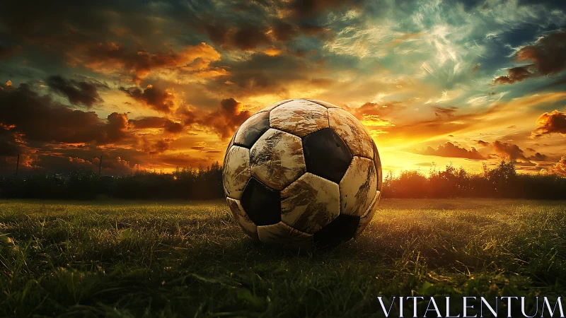 Weathered soccer ball on grass field under vivid sunset sky.