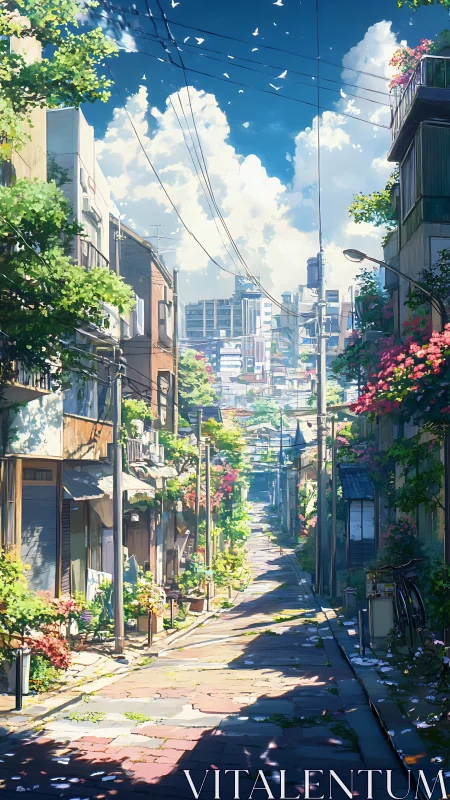 Sunlit anime alley with lush plants and distant city skyline.