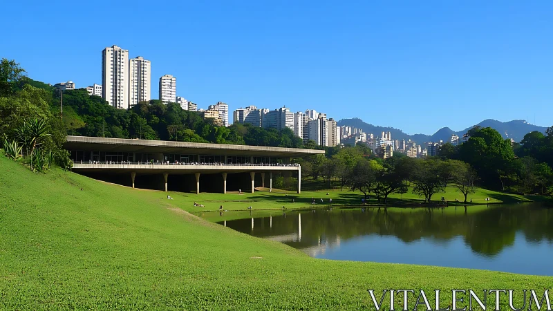 Modern pavilion, urban high-rises and lake in city park.