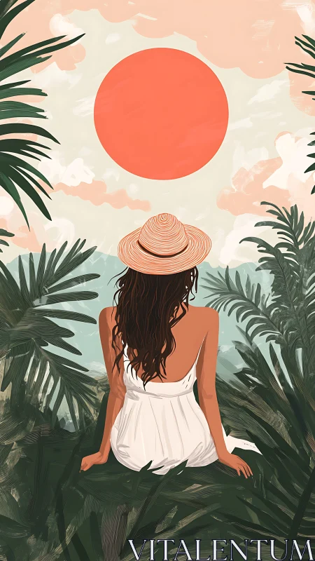 Digital painting of woman in tropical foliage under coral sun.