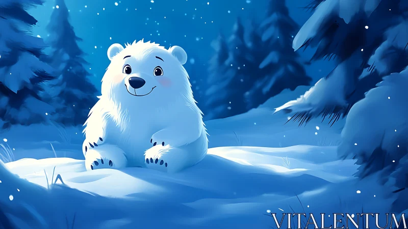 Cute cartoon polar bear sitting in snowy night forest.