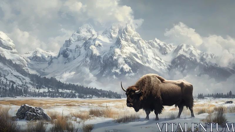 Digital painting of bison under monumental alpine snowfields.