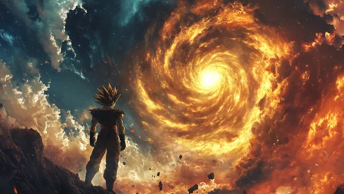Saiyan warrior confronts colossal cosmic fire vortex at dusk.
