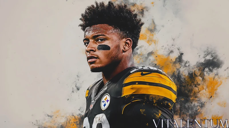 Gridiron portrait with dynamic yellow-black paint bursts.