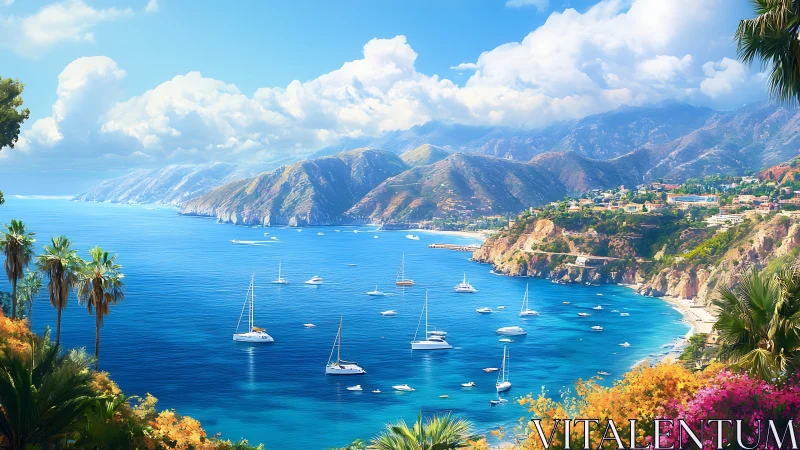 Sunlit coastal yachts glide along a vivid tropical shoreline.
