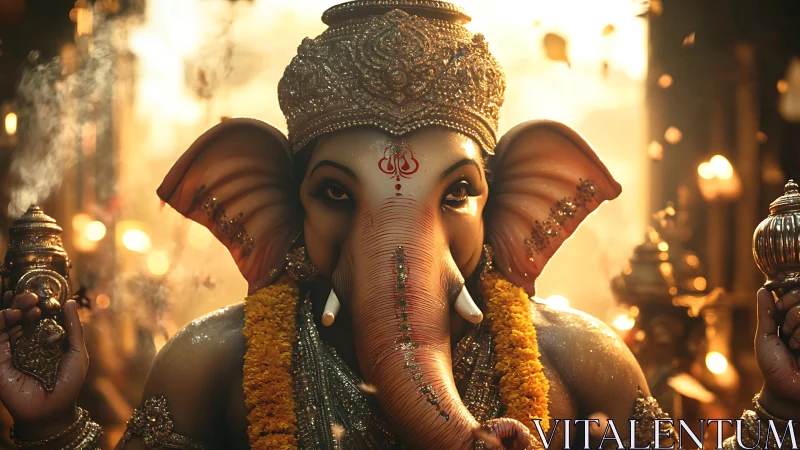 Ganesha deity glows amid candles and marigold garlands.