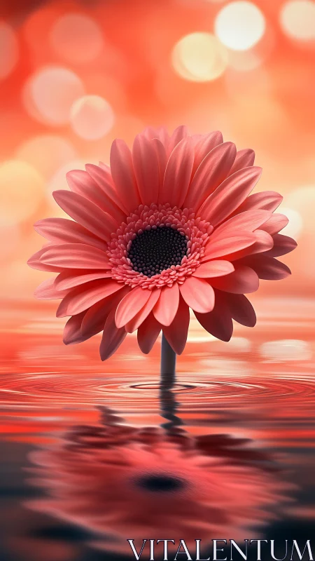 Pink gerbera standing in rippling water with bokeh glow.