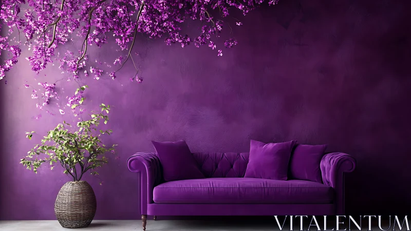 Monochrome violet lounge interior with sofa and floral canopy